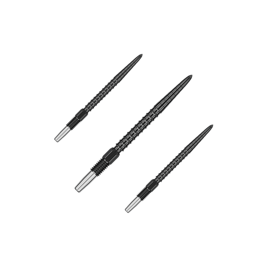 Das Bild zeigt drei schwarze Dartspitzen mit einem geriffelten Design. Sie sind länglich und haben ein silbernes Schraubgewinde am unteren Ende.