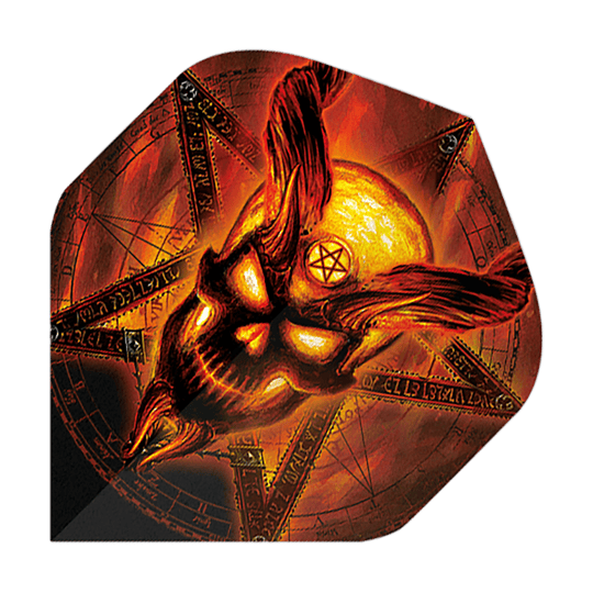 Standardní lety pro Alchemy Burning Temple No2 Das Bild zeigt einen Dartflight mit einem brennenden, dämonischen Schädel und einem Pentagramm im Hintergrund. Die Farben sind hauptsächlich in Rot-, Orange- und Gelbtönen gehalten, was das feurige Design betont.