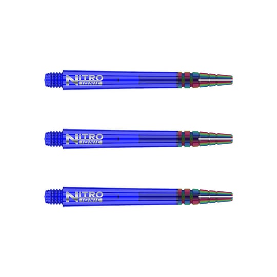 C606_Nitro_Ionic_Medium_Blue_Shafts Auf dem Bild sind drei blaue RedDragon Nitrotech Ionic Shafts zu sehen. Sie sind nebeneinander angeordnet und haben ein glänzendes, metallisches Aussehen.
