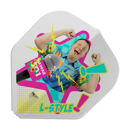 Das Bild zeigt das Produkt "L-Style Wayne Mardle Type B L1EZ White Flights" mit einem bunten Design. In der Mitte ist eine fröhliche Person abgebildet, umgeben von Mikrofon, Blitzen und dem Schriftzug "L-Style".