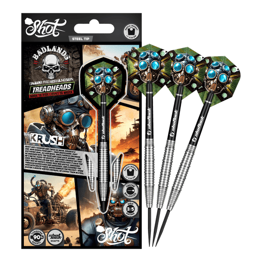 Ocelové šipky Shot Badlands Krush Dargestellt ist das komplette Shot Badlands Krush Steeldarts Set. Das Produkt ist ideal zum gezielten Werfen.
