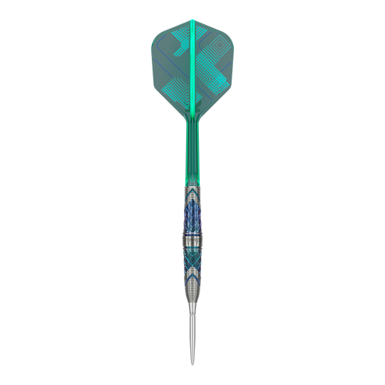 Auf dem Bild ist ein Steeldartpfeil mit dem Namen "Target Japan Kaze Series Ceros 01 Steeldarts - 23g" zu sehen. Der Pfeil hat ein auffälliges Design mit türkisfarbenen und blauen Elementen am Schaft und Flight.