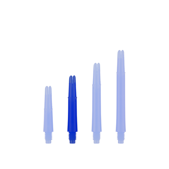 Auf dem Bild sind vier blaue Dartschäfte in unterschiedlichen Längen zu sehen. Sie stehen nebeneinander aufrecht vor weißem Hintergrund.