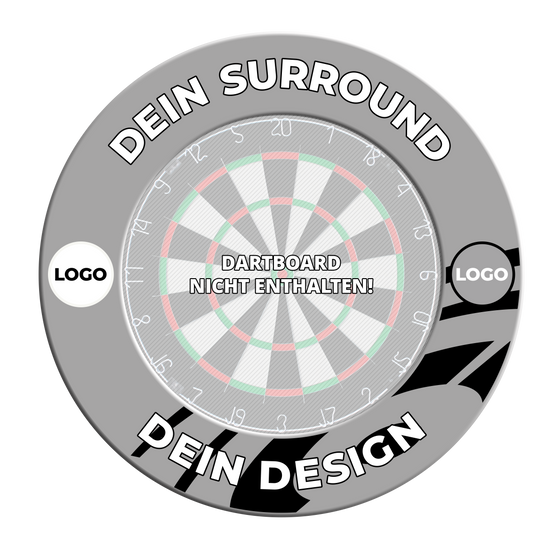 Obložení terče s vaším designem Ein weiteres graues Dartboard-Surround mit individuellem Druck ist zu sehen. Die Ansicht zeigt eine andere Perspektive des Surrounds.