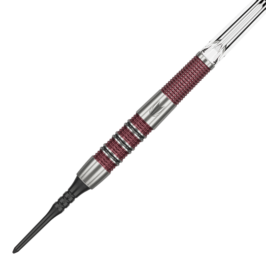 Das Bild zeigt einen Target Stephen Bunting 95K Softdart mit einem Gewicht von 19 Gramm. Der Dart hat ein silbernes und rotes Griffdesign mit einer schwarzen Softspitze.