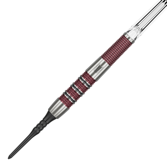 Měkké šipky Target Stephen Bunting 95K - 19g Das Bild zeigt einen Target Stephen Bunting 95K Softdart mit einem Gewicht von 19 Gramm. Der Dart hat ein silbernes und rotes Griffdesign mit einer schwarzen Softspitze.