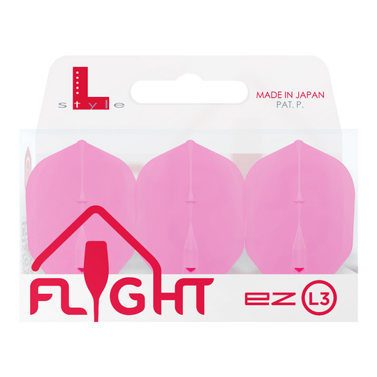 Lety L-L-Style3EZ Die Abbildung zeigt eine Packung mit drei pinken Dartflights der Marke L-Style. Auf der Verpackung steht "FLIGHT" und "MADE IN JAPAN".