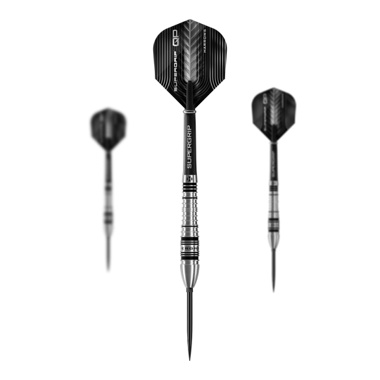 Harrows Supergrip Bomb Quick Point ocelové šipky Dieses Bild präsentiert das Set der Harrows Supergrip Bomb Quick Point Steeldarts. Das Set enthält mehrere hochwertige Darts für das Spiel.