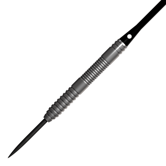 Das Bild zeigt einen Bulls NL Lightning Red Steeldart. Der Dartpfeil hat eine silberne, geriffelte Metalloberfläche und eine scharfe Spitze.