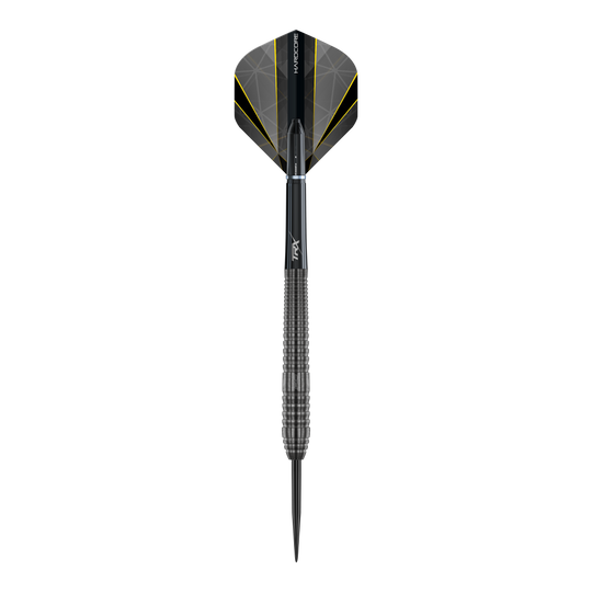 Das Bild zeigt einen "Red Dragon Seren 2 Onyx Steeldart". Der Dart ist schwarz mit gelben Akzenten und hat ein modernes, geriffeltes Design.