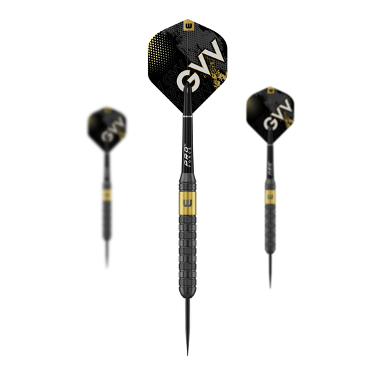 Winmau Gian Van Veen jádro mosazné Steeldarts - 21g Abgebildet ist ein Set von Winmau Gian Van Veen Core Brass Steeldarts 21g. Die drei Darts sind nebeneinander angeordnet.