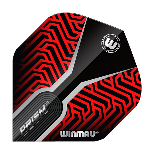 Dies ist das Winmau Prism Delta Kairos No2 Standard Flights Rot. Das Flight hat ein auffälliges rotes und schwarzes Muster mit geometrischen Linien und dem Winmau-Logo.
