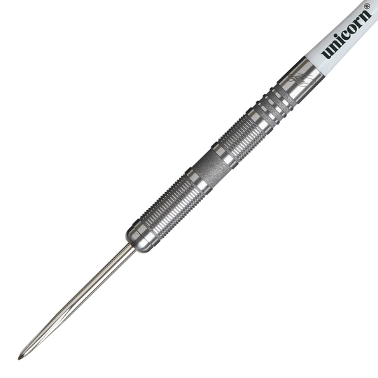 Ocelové šipky Unicorn James Wade The Machine Range Fáze 4 Das Bild zeigt einen Unicorn James Wade The Machine Range Phase 4 Steeldart. Der Dartpfeil ist silberfarben und hat eine geriffelte Griffzone für besseren Halt.