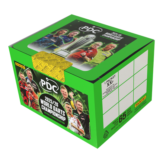 Panini PDC World Darts Championship 2025/26 - Krabička s 65 balíčky samolepek Abgebildet ist die Panini PDC World Darts Championship 2025/26 Stickerbox mit 65 Tüten. Diese Box enthält Stickertüten zum Sammeln von Motiven des Darts-Turniers.