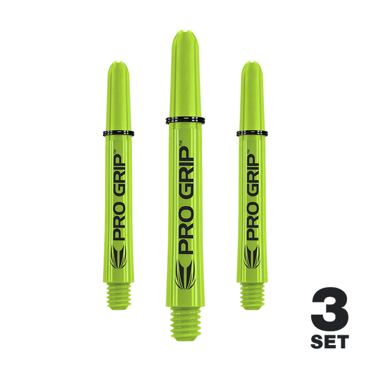 Target Pro Grip Shafts - 3 sady - Lime Green Das Bild zeigt drei limegrüne Pro Grip Shafts für Darts. In der rechten unteren Ecke steht "3 SET".