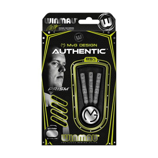 1443_Winmau_Michael_Van_Gerwen_MvG_Authentic_Steeldarts_3NGrZgYTawOCBO Die Abbildung zeigt die Verpackung der "Winmau Michael Van Gerwen MvG Authentic Steeldarts". Auf der Packung sind drei Darts und ein Bild von Michael Van Gerwen zu sehen.
