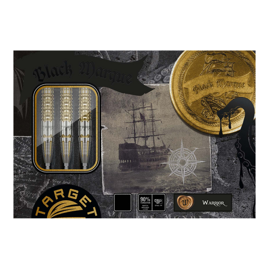 Das Bild zeigt die Verpackung der "Target Black Marque Warrior Swiss Point Steeldarts". Auf der Verpackung sind außerdem ein altes Segelschiff, eine goldene Münze und drei Darts abgebildet.