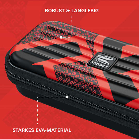 Das Bild zeigt ein robustes Dart-Etui mit rotem und schwarzem Design. Es besteht aus starkem EVA-Material und trägt den Schriftzug "TARGET".