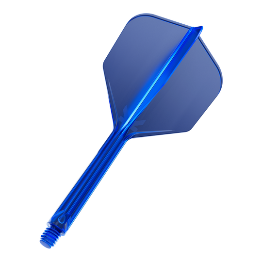Letový systém Target K-Flex No6 - modrý Das Bild zeigt einen blauen Dartflügel mit Schaft. Der Dartflügel ist durchsichtig und hat eine Schraubverbindung am unteren Ende.