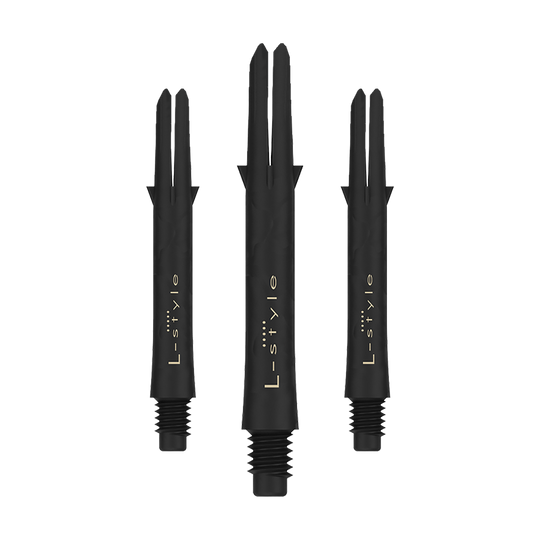 Das Bild zeigt drei schwarze Dartschäfte aus Carbon der Marke L-style. Die Schäfte sind ohne Kappen und haben eine Länge von 39 mm.