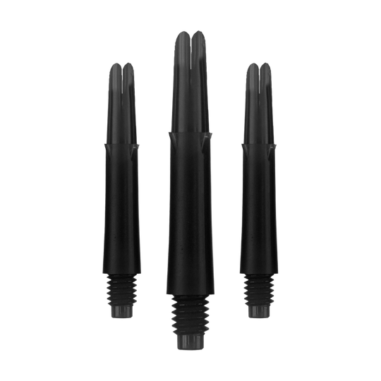 L-L-Style-Shafts Uzamčené rovné - Černé Auf dem Bild sind drei schwarze Dartschäfte in unterschiedlichen Längen zu sehen. Sie sind gerade geformt und haben ein Gewinde am unteren Ende.