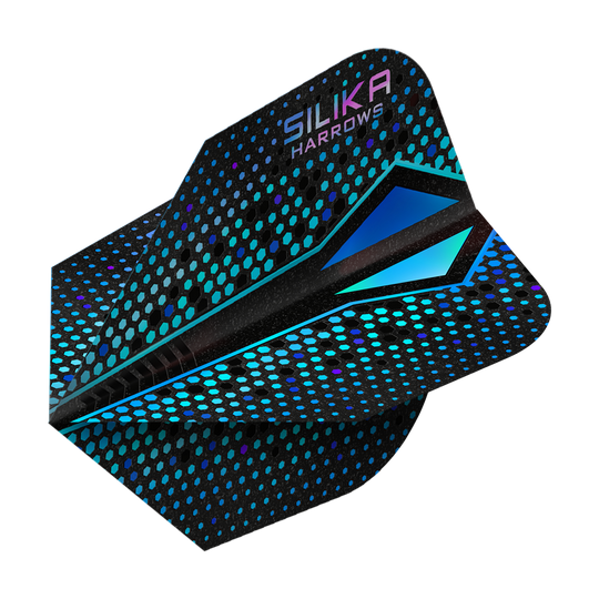Das Bild zeigt einen Harrows Silika Colourshift Tough Crystalline Coating Blue-X No6 Flight. Das Dart-Flight hat ein schwarzes Design mit blauen und türkisfarbenen Punkten und geometrischen Mustern.