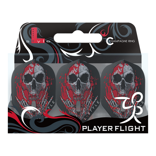 Das Bild zeigt die L-Style Ryan Searle V3 L1PRO Clear Black Flights. Auf den Flights ist ein auffälliges Totenkopf-Design mit roten Akzenten zu sehen.