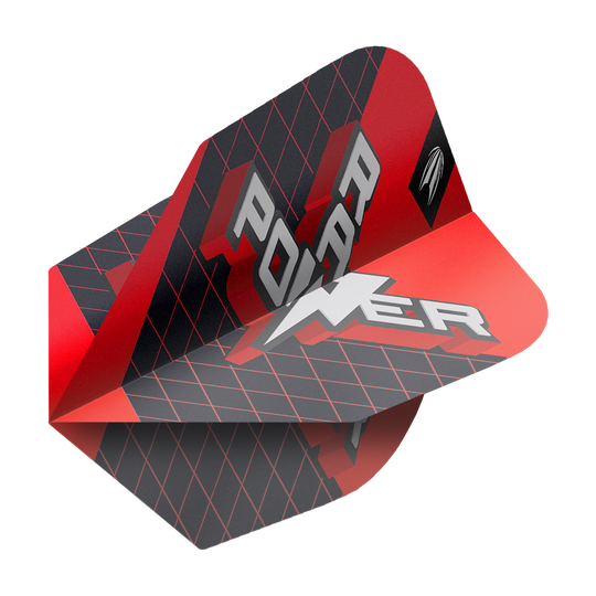 Das Bild zeigt ein Dart-Flight aus der Serie "Target Pro Ultra Phil Taylor Power 9Five GEN11 No6". Das Flight ist überwiegend schwarz und rot und trägt den Schriftzug "POWER".