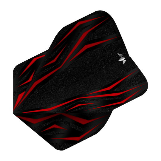 Standardní lety Mission Lava Red No2 Das Bild zeigt einen Mission Lava Red No2 Standard Flight für Darts. Das Design ist überwiegend schwarz mit auffälligen roten Linien und einem kleinen weißen Logo.