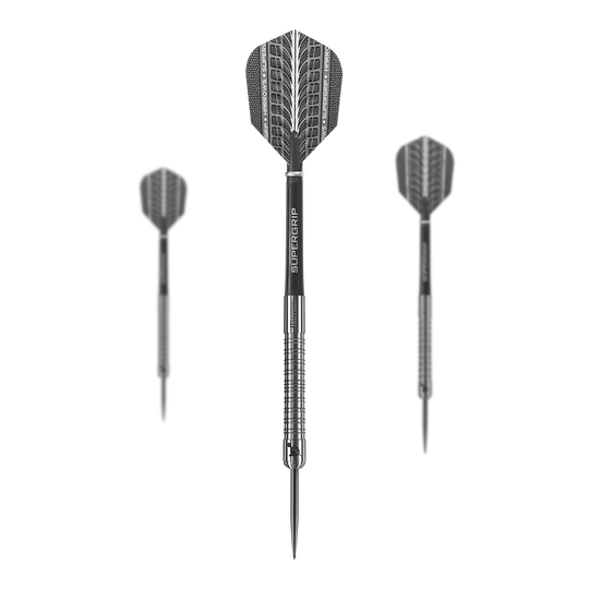 Harrows Supergrip 90% wolframové ocelové šipky Das Bild zeigt drei Harrows Supergrip 90% Tungsten Steeldarts. Die Darts haben ein silbernes Design mit schwarzem Schaft und Flight.