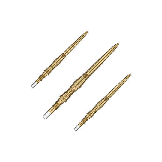 Špičky na šipky Target Swiss Point Signature RST - zlaté Das Bild zeigt ein Set von goldenen Target Swiss Point Dartspitzen Signature RST mit 30mm Länge. Die Spitzen sind ordentlich nebeneinander angeordnet.