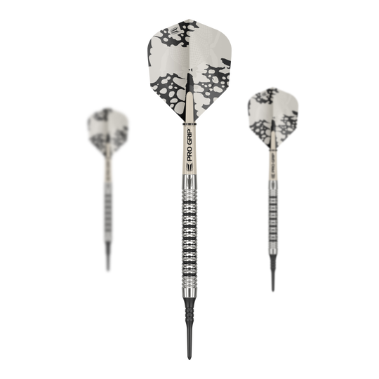 Měkké šipky Target EXO 11 Das Bild zeigt drei Target EXO 11 Softdarts mit silbernen Griffen und schwarz-weißen Flights. Die Darts haben einen modernen, gestreiften Look und spitze Kunststoffspitzen.