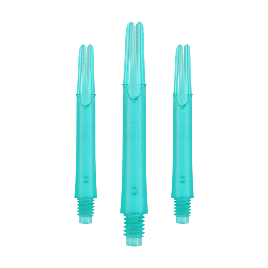 L-L-Style-Shafts Uzamčené rovné - Emerald Das Bild zeigt drei gerade, durchsichtig-grüne Dartschäfte mit Gewinde am unteren Ende. Sie sind ohne Kappen abgebildet und stehen aufrecht nebeneinander.