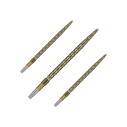 Zaměřte hroty šipek Swiss Diamond Pro Gold Das Bild zeigt drei goldfarbene Dartspitzen mit einem rautenförmigen Muster. Sie sind nebeneinander auf einem weißen Hintergrund angeordnet.