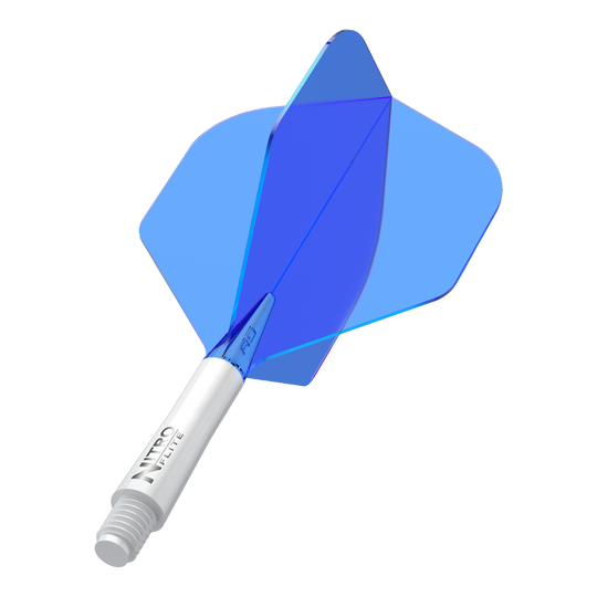 Red Dragon Nitroplite - White Shaft Blue No2 Flights Das Bild zeigt einen blauen Dartflight mit einem weißen Schaft. Auf dem Schaft steht der Schriftzug "NITRO FLITE".