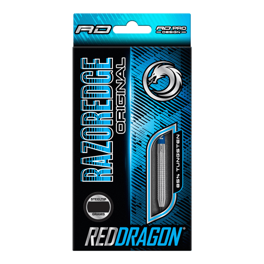 Šipky Red Dragon Razor Edge Original Steel Die Verpackung zeigt die "Red Dragon Razor Edge Original Steeldarts" mit einem Gewicht von 24 Gramm. Das Design ist blau-schwarz und hebt hervor, dass die Darts aus 95 % Tungsten bestehen.