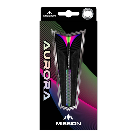 Ocelové šipky Mission Aurora Coral PVD - 23g Die Abbildung zeigt die Mission Aurora Coral PVD Steeldarts mit einem Gewicht von 23g in ihrer Verpackung. Das Design der Verpackung ist modern und farbenfroh, mit auffälligen Regenbogen-Effekten.