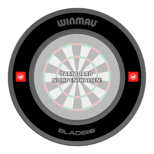 Das Bild zeigt das Winmau Pro-Line 1.0 Dartboard Surround in Schwarz. In der Mitte steht der Hinweis „Dartboard nicht enthalten!“.