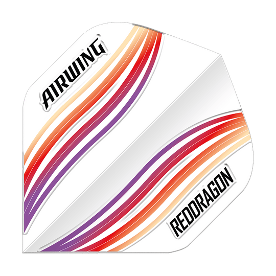 Standardní lety Red Dragon Airwing Red Wave Das Bild zeigt ein Dartflight mit dem Namen „Red Dragon Airwing Red Wave Standard Flights“. Das Flight ist weiß mit roten, orangenen und lilafarbenen Wellenstreifen sowie den Aufschriften „AIRWING“ und „RED DRAGON“.