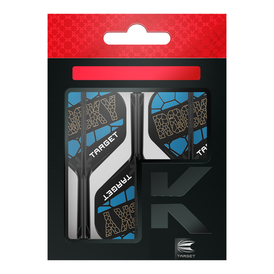 Systém standardní letové hřídele Target K-Flex Josh Rock No2 Das Bild zeigt das Produkt "Target K-Flex Josh Rock No2 Standard Flight-Shaft-System" in seiner Verpackung. Die Flights sind schwarz, blau und weiß gestaltet und tragen den Schriftzug "ROCKY" sowie "TARGET".