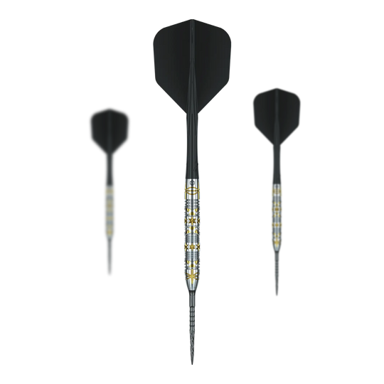 Das Bild stellt ein Set der Caliburn Halo H1 Steeldarts mit 22,5 g dar. Das Set eignet sich für professionelle und Hobby-Dartspieler.