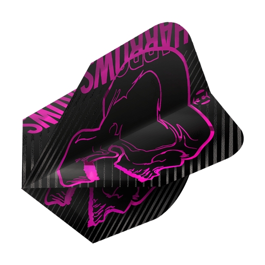 Lety Harrows Rage Pink No6 Dies ist ein Dartflight des Modells „Harrows Rage Pink No6“. Das Design ist schwarz mit einem auffälligen pinken Totenkopf und den Worten „Harrows“ in Pink.