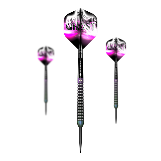 Das Bild zeigt drei Steeldarts der Marke "Mission Bailey Marsh Ghost" mit einem Gewicht von 23g. Die Flights sind schwarz, weiß und pink gestaltet und tragen das Wort "GHOST".