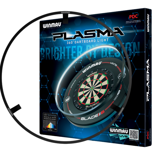 Das Bild zeigt das Produkt "Winmau Plasma LED Beleuchtung und Surround Bundle" in seiner Verpackung. Es enthält eine LED-Beleuchtung für ein Dartboard sowie einen Schutzring.