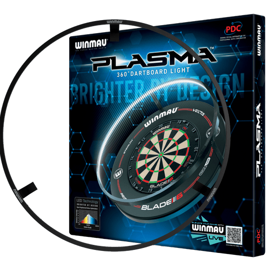 BALÍČEK Plazmové LED osvětlení a prostorový zvuk Winmau Das Bild zeigt das Produkt "Winmau Plasma LED Beleuchtung und Surround Bundle" in seiner Verpackung. Es enthält eine LED-Beleuchtung für ein Dartboard sowie einen Schutzring.