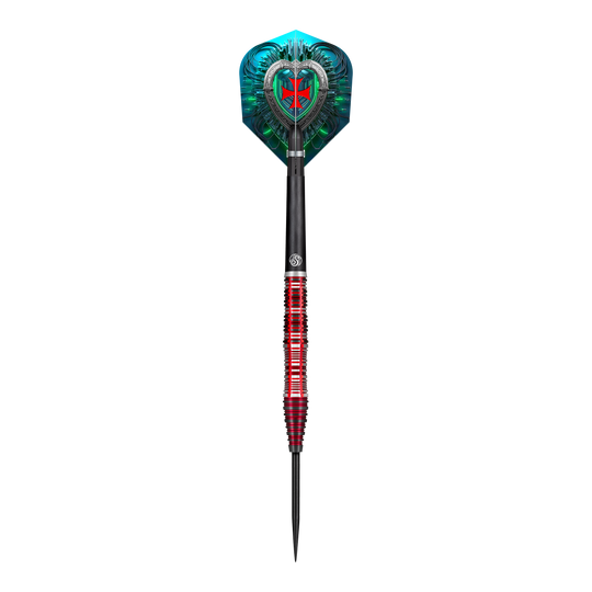 Das Bild zeigt den Shot Future Knights Dreadheart Steeldart. Der Dartpfeil hat ein auffälliges Design mit roten und schwarzen Akzenten sowie einer dekorativen Flightscheibe.