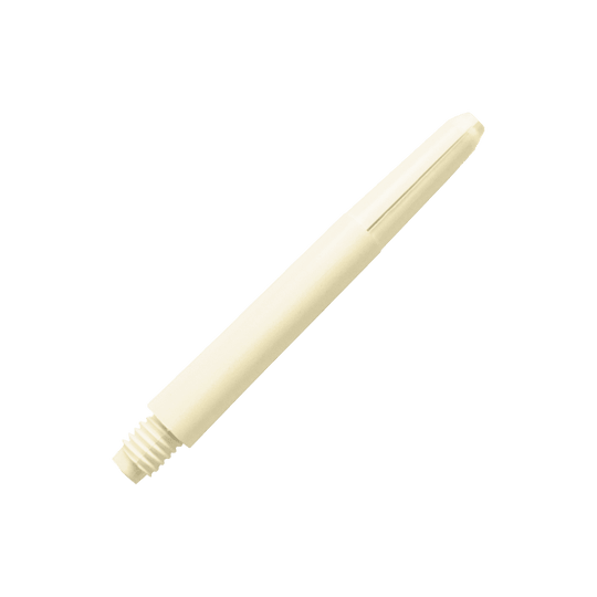 577_Nylon_Shafts_Naturweiss_40mm_2 Das Bild zeigt einen Nylon-Schaft in der Farbe Naturweiß. Der Schaft ist zylindrisch und hat ein Gewinde an einem Ende.