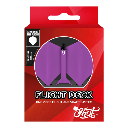 Das Bild zeigt das Produkt "Shot Flight Deck No2 Standard Flight-System - Lila" in einer roten Verpackung. Es handelt sich um ein einteiliges Dart-Flight- und Shaft-System in der Farbe Lila.