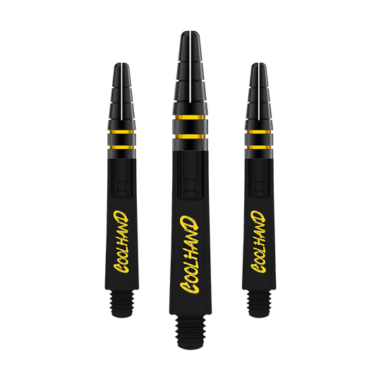 Red Dragon Nitrotech Luke Humphries Coolhand shafty - černé Auf dem Bild sind drei schwarze Dartschäfte mit gelber Aufschrift "COOLHAND" zu sehen. Die Schäfte haben goldene Akzente und sind 36 mm lang.