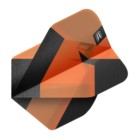 Das Bild zeigt orangefarbene und schwarze Dart-Flights mit einem modernen Design. Es handelt sich um das Produkt "Target Pro Ultra TAG Orange No2 Standard Flights - 3 Sets".